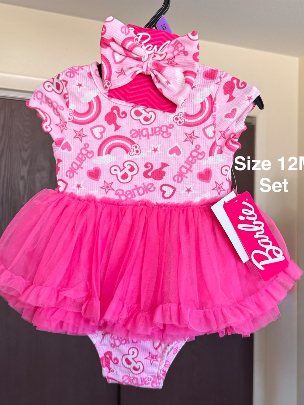 Barbie Baby Girls Tutu Dress Bodysuit with Matching Headband, Size 12months